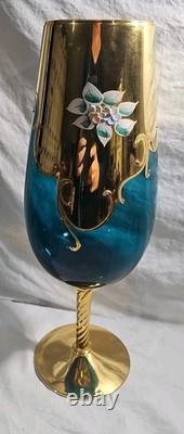 Vintage Sheres Vase Italian Hand Painted 14 1/2 Teal Blue Glass