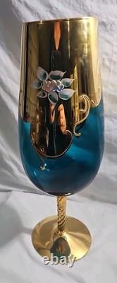 Vintage Sheres Vase Italian Hand Painted 14 1/2 Teal Blue Glass