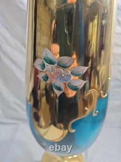 Vintage Sheres Vase Italian Hand Painted 14 1/2 Teal Blue Glass