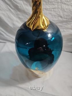 Vintage Sheres Vase Italian Hand Painted 14 1/2 Teal Blue Glass
