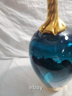 Vintage Sheres Vase Italian Hand Painted 14 1/2 Teal Blue Glass
