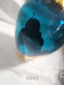 Vintage Sheres Vase Italian Hand Painted 14 1/2 Teal Blue Glass