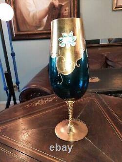Vintage Sheres Vase. Italian made. Hand painted 15. Teal blue glass
