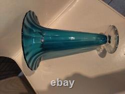 Vintage Signed Fritz Laurenstein Hand Blown Blue Glass Vase Clear Base 12
