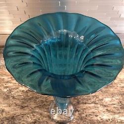Vintage Signed Fritz Laurenstein Hand Blown Blue Glass Vase Clear Base 12