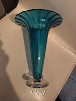 Vintage Signed Fritz Laurenstein Hand Blown Blue Glass Vase Clear Base 9.25