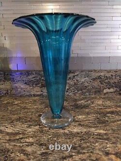 Vintage Signed Fritz Laurenstein Hand Blown Blue Glass Vase Clear Base 9.25