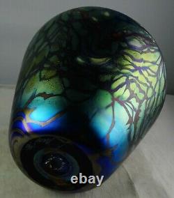 Vintage Signed Studio Art Glass Vase Cobalt Blue Iridescent Vine Design