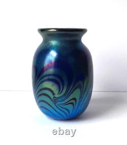 Vintage Small Art Deco Iridescent / Mirror Cobalt Blue Swirl Vase (Unsigned)