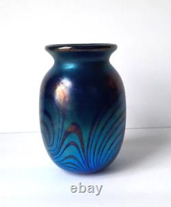 Vintage Small Art Deco Iridescent / Mirror Cobalt Blue Swirl Vase (Unsigned)