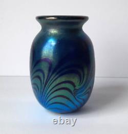 Vintage Small Art Deco Iridescent / Mirror Cobalt Blue Swirl Vase (Unsigned)