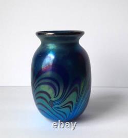 Vintage Small Art Deco Iridescent / Mirror Cobalt Blue Swirl Vase (Unsigned)