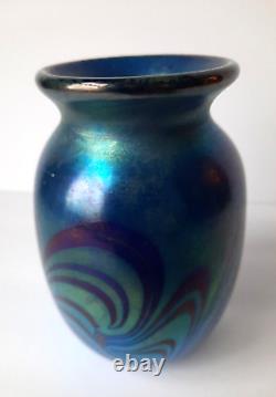 Vintage Small Art Deco Iridescent / Mirror Cobalt Blue Swirl Vase (Unsigned)