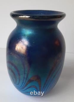 Vintage Small Art Deco Iridescent / Mirror Cobalt Blue Swirl Vase (Unsigned)