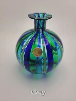 Vintage Small Murano Glass Blue and Green Striped Vase