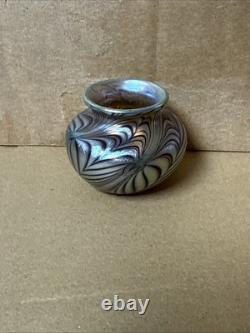 Vintage Small Orient and Flume Blue Iridescent Art Glass Bulb Vase 2 Tall