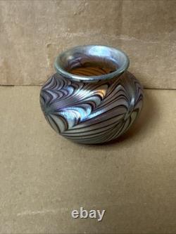 Vintage Small Orient and Flume Blue Iridescent Art Glass Bulb Vase 2 Tall