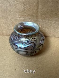 Vintage Small Orient and Flume Blue Iridescent Art Glass Bulb Vase 2 Tall