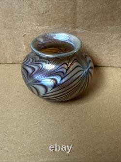 Vintage Small Orient and Flume Blue Iridescent Art Glass Bulb Vase 2 Tall