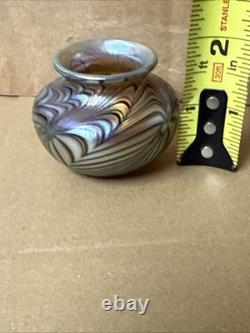 Vintage Small Orient and Flume Blue Iridescent Art Glass Bulb Vase 2 Tall