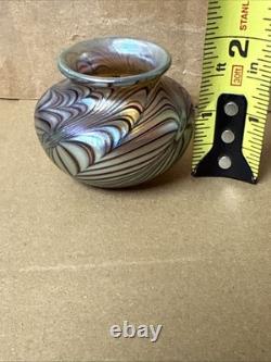 Vintage Small Orient and Flume Blue Iridescent Art Glass Bulb Vase 2 Tall