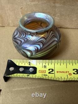 Vintage Small Orient and Flume Blue Iridescent Art Glass Bulb Vase 2 Tall