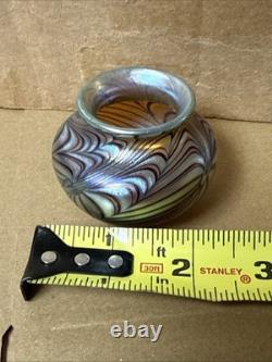 Vintage Small Orient and Flume Blue Iridescent Art Glass Bulb Vase 2 Tall