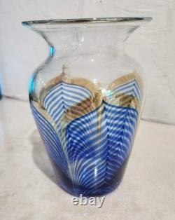 Vintage Steven Correia Art Glass Vase Pulled Feather Signed Dated 1980 Blue Gold