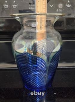 Vintage Steven Correia Art Glass Vase Pulled Feather Signed Dated 1980 Blue Gold