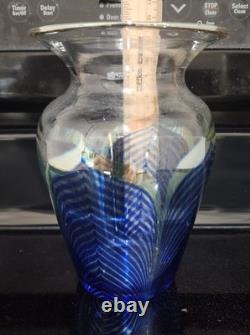 Vintage Steven Correia Art Glass Vase Pulled Feather Signed Dated 1980 Blue Gold