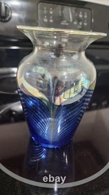 Vintage Steven Correia Art Glass Vase Pulled Feather Signed Dated 1980 Blue Gold