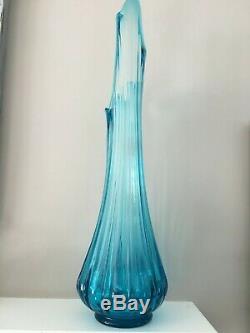 Vintage Stretch Pulled Glass Vase Giant 26 Inch Aqua Blue Mid Century Retro WOW