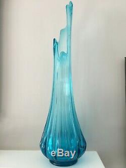 Vintage Stretch Pulled Glass Vase Giant 26 Inch Aqua Blue Mid Century Retro WOW