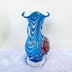 Vintage Swirl Design Floral Blue White Glass Pontil Mark Flower Vase 6.25 GV163