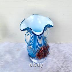 Vintage Swirl Design Floral Blue White Glass Pontil Mark Flower Vase 6.25 GV163