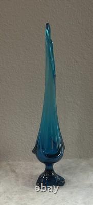 Vintage Swung 18.5 Peacock Blue Glass Vase 3 Toe, Draped Base MCM Excel. Cond