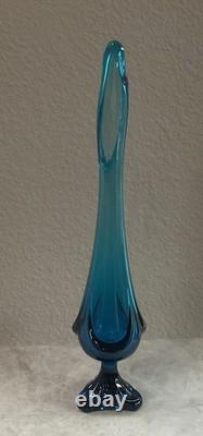 Vintage Swung 18.5 Peacock Blue Glass Vase 3 Toe, Draped Base MCM Excel. Cond