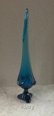 Vintage Swung 18.5 Peacock Blue Glass Vase 3 Toe, Draped Base MCM Excel. Cond