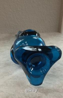 Vintage Swung 18.5 Peacock Blue Glass Vase 3 Toe, Draped Base MCM Excel. Cond