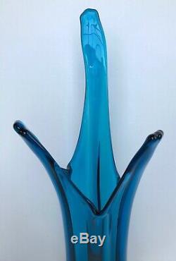 Vintage TALL Viking Bluenique Blue Swung Art Glass Vase Mid Century Modern