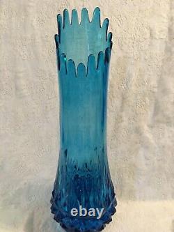 Vintage Tall Blue Stretched Fluted Swung Glass Vase Mid Century Modern LE Smith