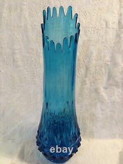 Vintage Tall Blue Stretched Fluted Swung Glass Vase Mid Century Modern LE Smith