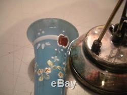Vintage Triple Silver Plate Vase, Cornflower Blue Handprinted Glass, Rogers