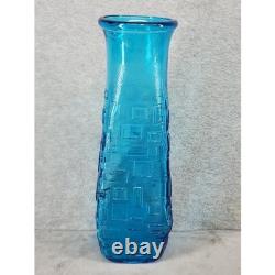 Vintage Turquoise Blue Glass Vase Mid Century Modern Geometric Textured 12.5 in
