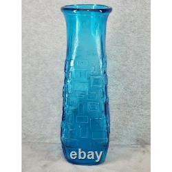 Vintage Turquoise Blue Glass Vase Mid Century Modern Geometric Textured 12.5 in