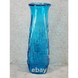 Vintage Turquoise Blue Glass Vase Mid Century Modern Geometric Textured 12.5 in