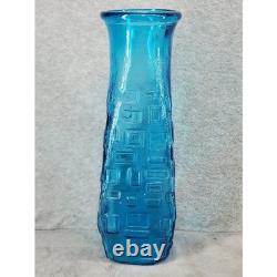 Vintage Turquoise Blue Glass Vase Mid Century Modern Geometric Textured 12.5 in