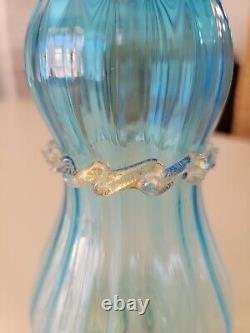 Vintage Turquoise Blue Gold Fleck Murano Art Glass Vase Ribbed Signed Italy