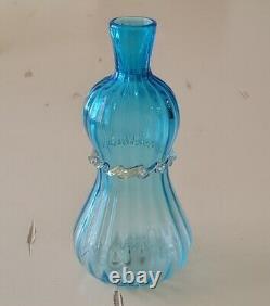 Vintage Turquoise Blue Gold Fleck Murano Art Glass Vase Ribbed Signed Italy
