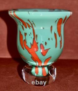 Vintage Turquoise & Red Art Glass Signed Small Vase/Bowl